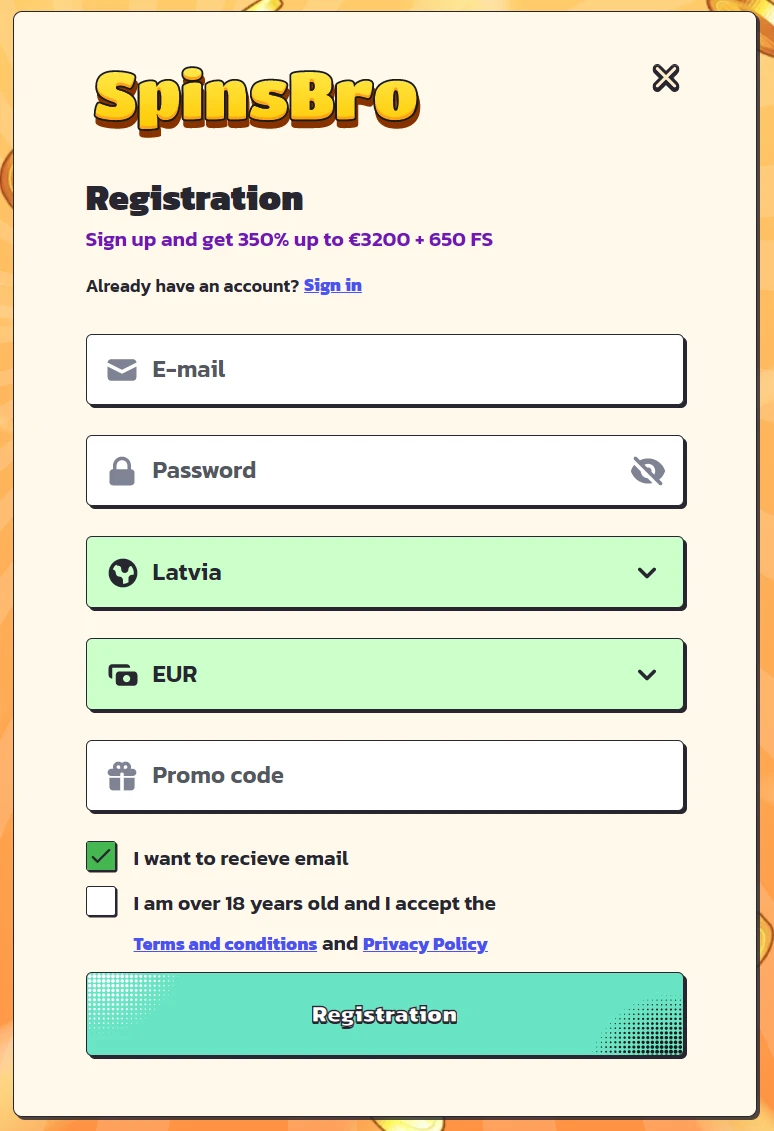 SpinsBro registration