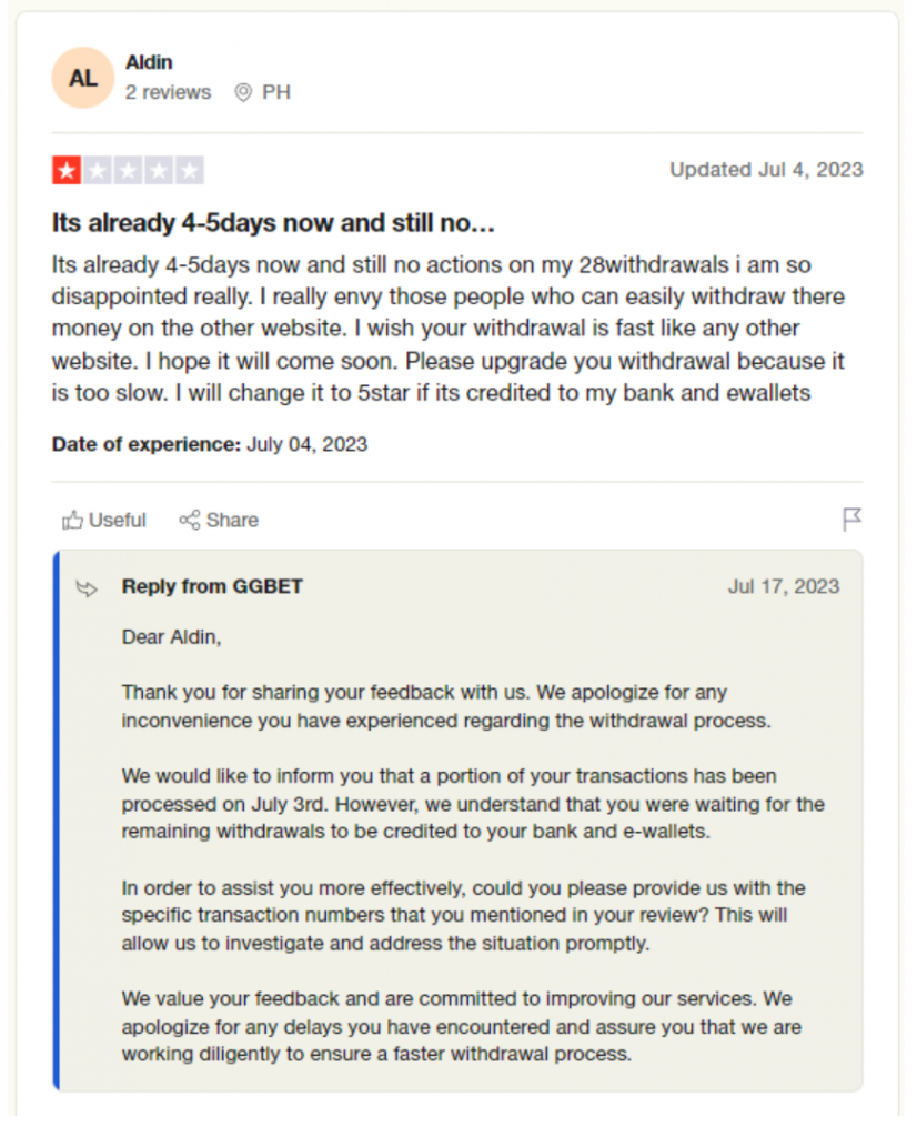 GGbet customer review